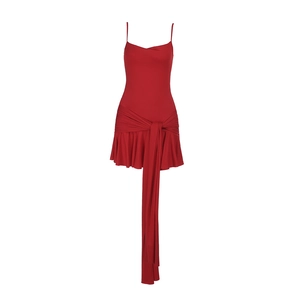 Rotes eng anliegendes Minikleid mit Spaghettiträgern, Rüschen und langen Bändern
