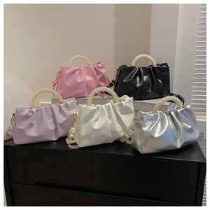 Chic pleated cloud bags with pearl handles in five soft colors with adjustable straps