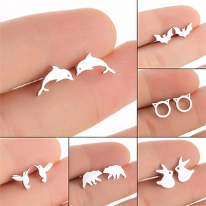 Minimalist Stainless Steel Animal Stud Earrings Cute Dolphin Bat Cat Rabbit Hummingbird Polar Bear Jewelry For Women Girls