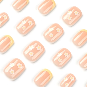 French yellow tip press on nails with white daisy flowers on short square oval tips