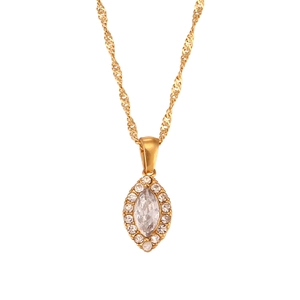 Chic gold stainless steel leaf eye pendant necklace with sparkling cubic zirconia