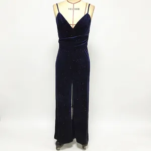 Sparkly dark blue velvet jumpsuit with deep V-neck, thin straps and wide leg cut
