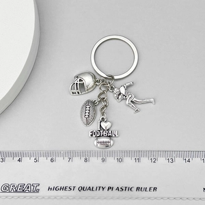 American Football Keychain Antique Silver Zinc Alloy Helmet Player Sport Charms Heart Pendant Retro Souvenir Gift For Sports Fans