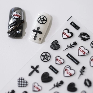 Stereoscopic 5D nail art stickers with black hearts, crosses and punk text designs