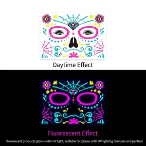 Neon Halloween Day of the Dead face tattoo stickers with pink floral and spider web motifs