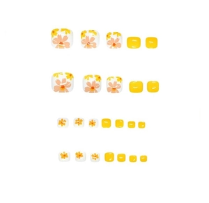 Close-up of 24pcs yellow and floral pattern toe nail tips set on a white background