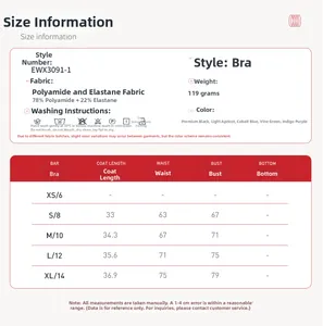 Size chart and fabric details for cloud-feel halter yoga bra with 78% nylon 22% spandex