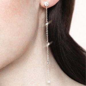 Detail of s925 sterling silver tassel earrings with five sparkling cubic zirconia stones