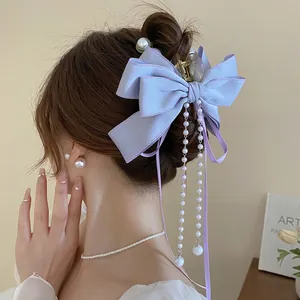 Satin Bow Hair Claw Clip With Long Imitation Artificial Pearl Tassels French Elegant Ribbon Shark Clip Women Sweet Styling Accessories