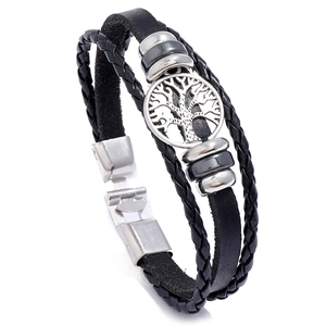 Men's multilayer black braided leather bracelet featuring a silver Tree of Life charm