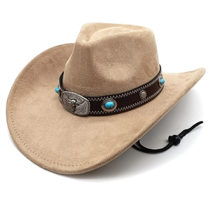 Detail of tan suede cowboy hat with turquoise leather band and silver bull head buckle