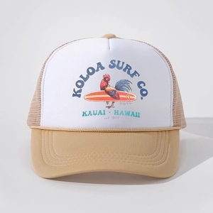 Retro Koloa Surf mesh trucker hat in beige and white featuring a classic rooster print