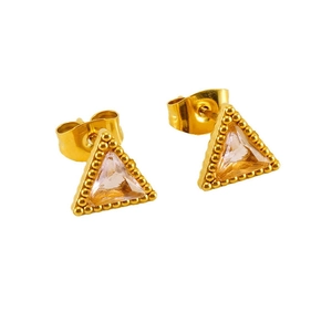 Detail of triangle gold earrings with pink zircon and micro-beaded texture edge