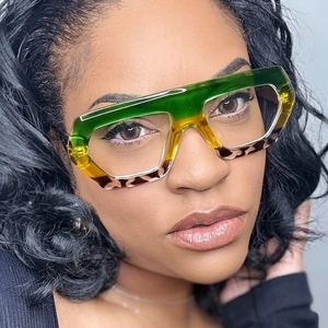Oversized square sunglasses with green to yellow gradient and tortoiseshell frame pattern