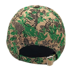 Detail of jacquard baseball cap back with vintage floral pattern and metal buckle
