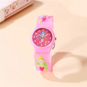 Cute pink mermaid kids watch with 3D silicone strap for girls and students