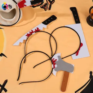Halloween headband set featuring bloody saw, knife, and axe for spooky costume parties