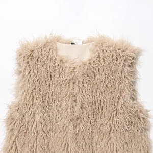 Elegant beige long plush faux fur vest for women with curly texture and soft fleece finish