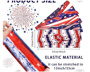 Elastic American flag headband with dimensions showing 10cm width and stretchable material