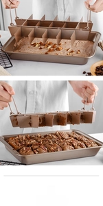 Macro detail of the 18-slot metal divider being lifted from the non-stick brownie baking pan