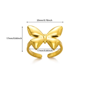Detail view of 18k gold butterfly ring showing dimensions of 20mm and adjustable open band