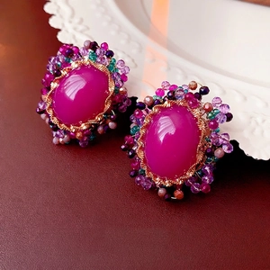 Vintage oval rose red beaded stud earrings with golden trim and colorful accents