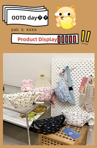 Detail of cute cartoon dog canvas waist bags with adjustable straps in various colors