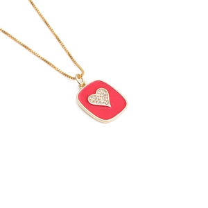 Fashionable gold-plated necklace with red enamel rectangle pendant and zircon heart center