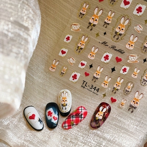 3D Embossed Nail Art Stickers Vintage Retro Mr Rabbit Poker Hearts Tea Cup Design Self Adhesive Manicure Decals For Women