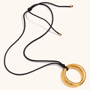 Minimalist stainless steel 18K gold circle pendant on black cord necklace for women