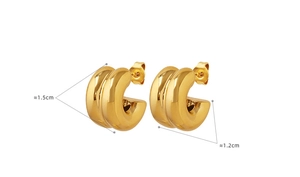 Detailed view of double C-shape gold earrings with 1.5cm by 1.2cm size dimensions