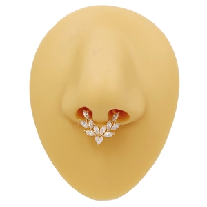 Golden laurel leaf septum ring with marquise gems on a human nose model display