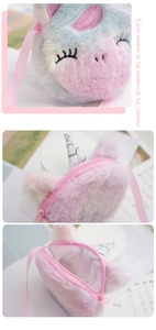 Detailed views of plush unicorn crossbody bag with soft gradient fur and embroidery