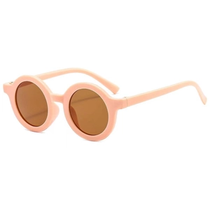 Detail view of round matte baby sunglasses in coral pink with dark brown UV400 lenses