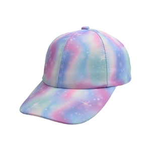 Detail of multi-color galaxy print baseball cap with six-panel structure and curved brim
