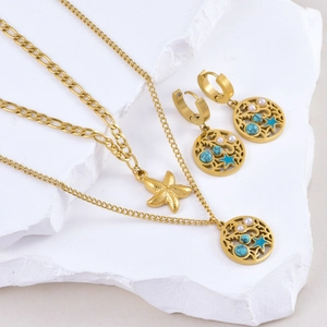 Edelstahl Schmuckset in Gold mit Seestern Halskette und Türkis Perlenohrringen für Damen