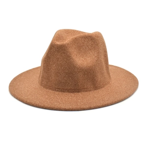 Close-up of the smooth wool felt texture on this stylish brown wide-brim fedora hat