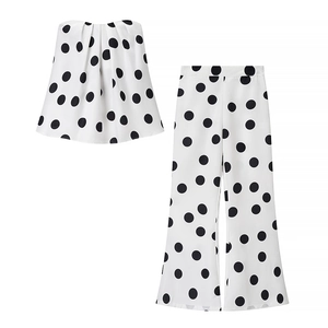 Haut Bandeau À Volants Et Pantalon Droit Rétro À Pois Pour Femmes Style Vacances Polyester