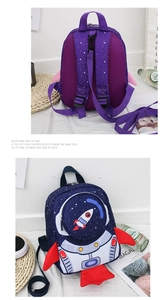Close-up of rocket toddler backpack with breathable mesh back and astronaut design