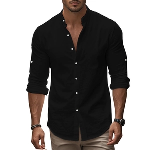 Men's slim fit black long sleeve shirt with stand collar and white contrast buttons