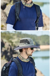 Detail of outdoor sun hat with breathable mesh and matching camouflage neck gaiter set