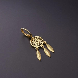 Detailed view of a golden dreamcatcher earring with intricate feather pendants and hoop