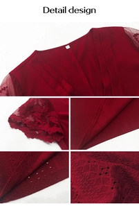 Detail design of V-neck top showing red floral lace embroidery and mesh fabric texture