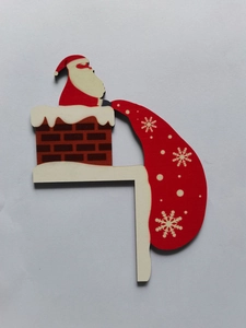 Detail of wooden Santa Claus corner decor with red gift bag for Christmas door frames