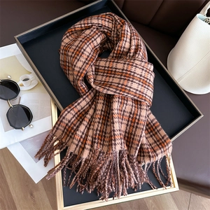 Retro plaid cashmere-feel scarf with tassels in coffee orange and black pattern