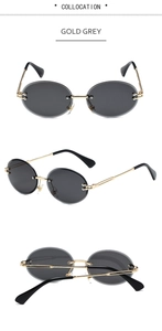 Three-way view of rimless oval sunglasses with gold metal frame and grey gradient lenses