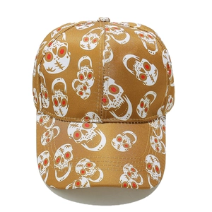 Vintage punk hip-hop baseball cap with skull prints and red eye accents in khaki color
