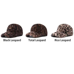 Three faux fox fur leopard print baseball caps in black, classic and cream patterns