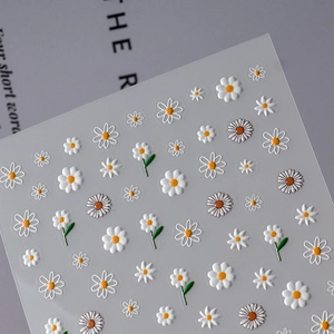 3D embossed white daisy nail art stickers with delicate floral textures and yellow centers