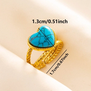 Detailed size view of gold twist ring with heart-shaped turquoise stone and dimensions